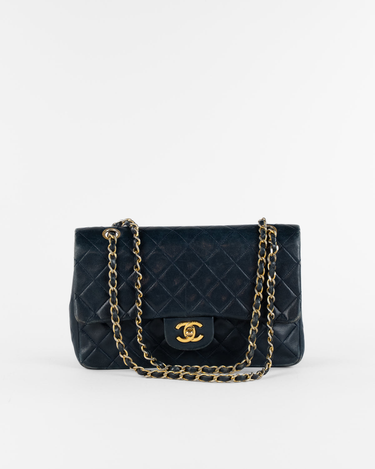 Matelassé 25 Double Flap Chain Bag Lamsleer Navy Goud CC